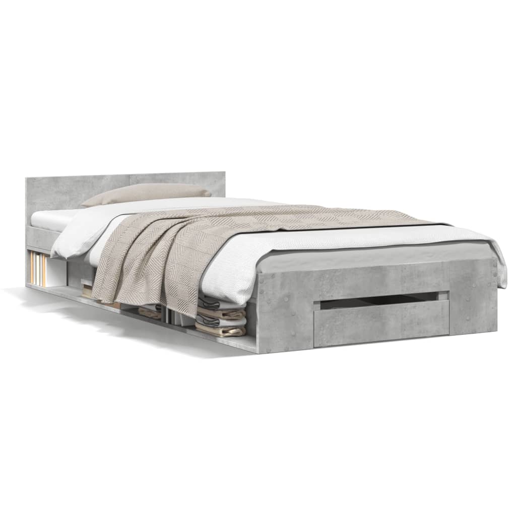 Bedframe met lade bewerkt hout betongrijs 90x200 cm