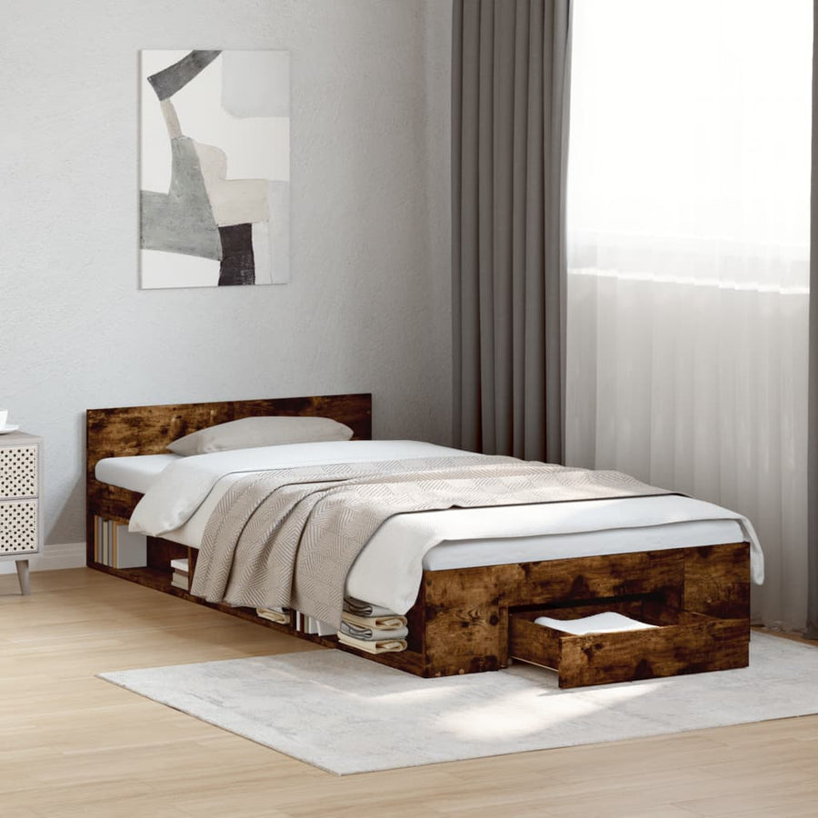 Bedframe met lade bewerkt hout gerookt eikenkleurig 90x200 cm