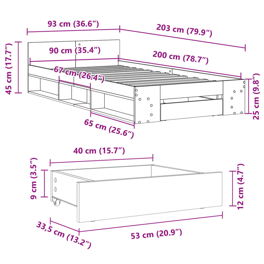 Bedframe met lade bewerkt hout gerookt eikenkleurig 90x200 cm