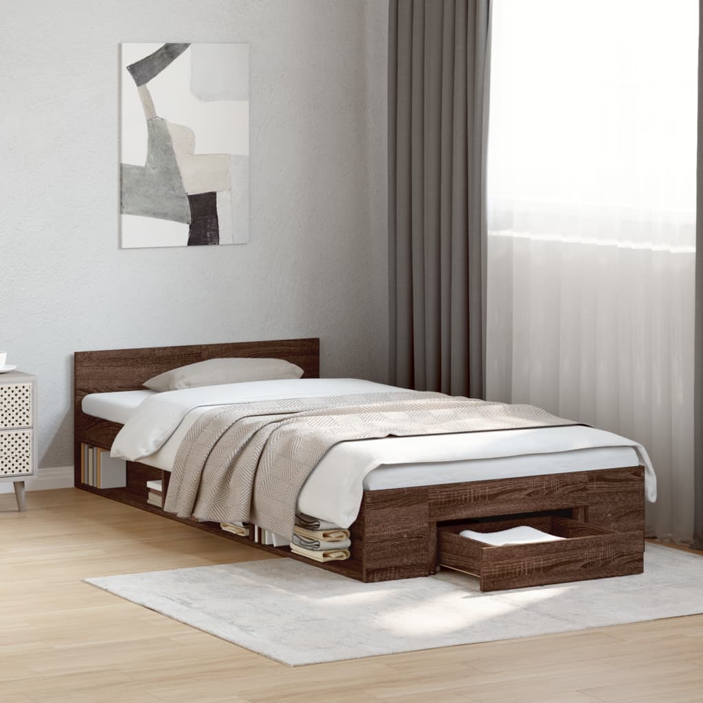 Bedframe met lade bewerkt hout bruin eikenkleurig 90x200 cm