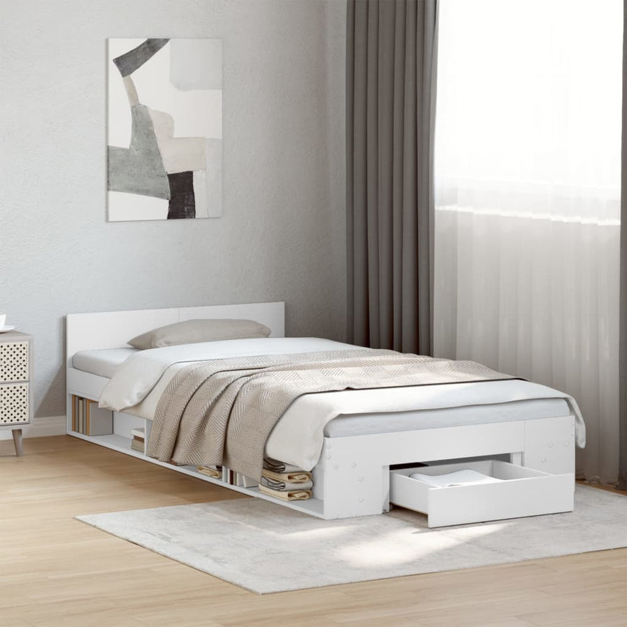 Bedframe met lade bewerkt hout wit 75x190 cm