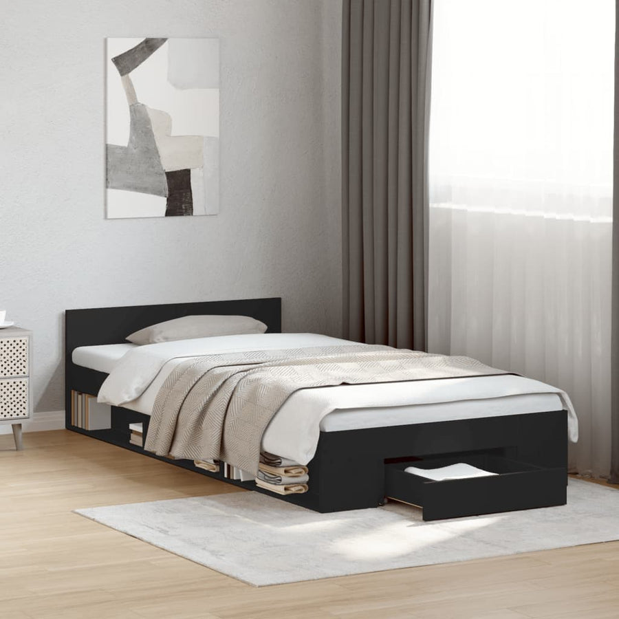 Bedframe met lade bewerkt hout zwart 75x190 cm
