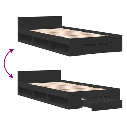 Bedframe met lade bewerkt hout zwart 75x190 cm