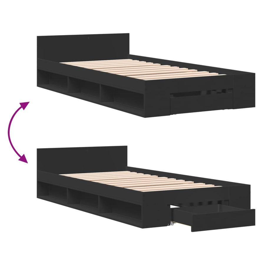 Bedframe met lade bewerkt hout zwart 75x190 cm