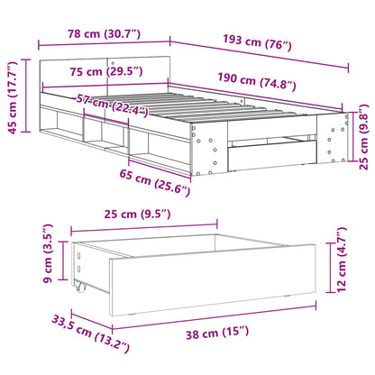 Bedframe met lade bewerkt hout zwart 75x190 cm