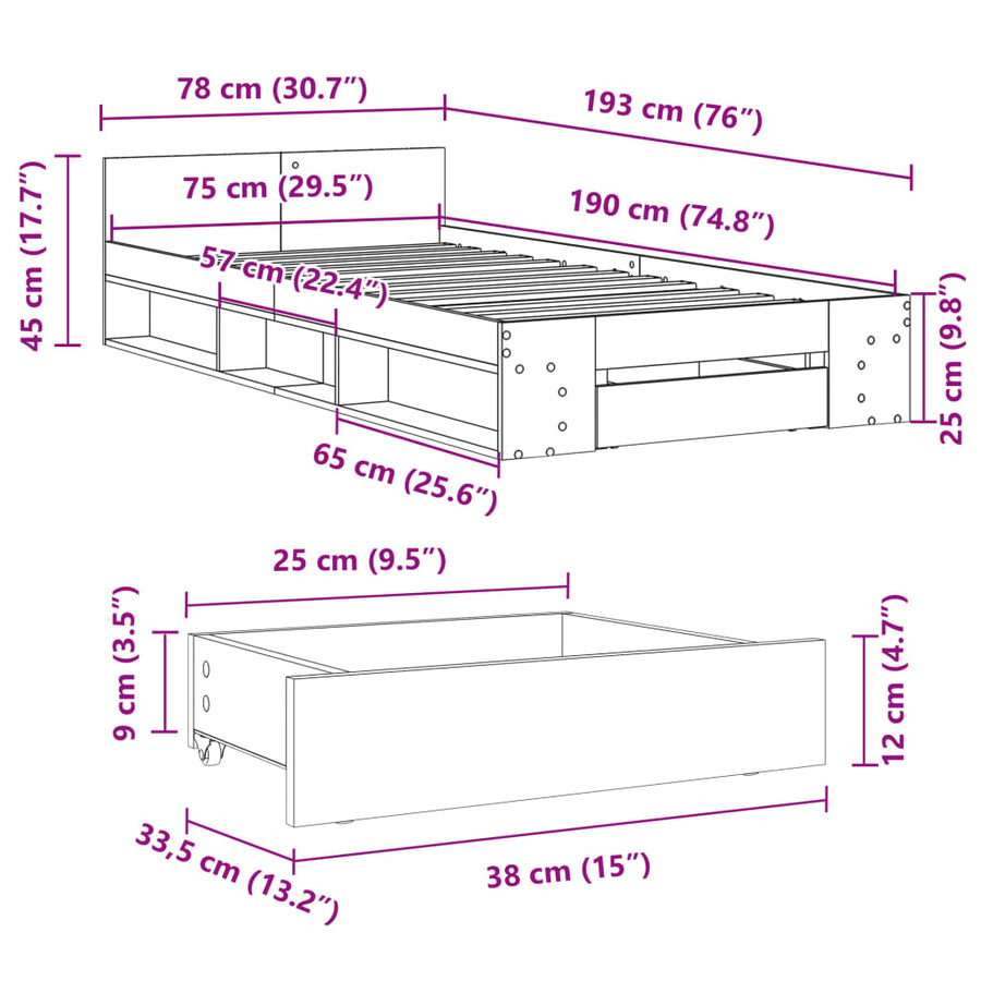 Bedframe met lade bewerkt hout zwart 75x190 cm