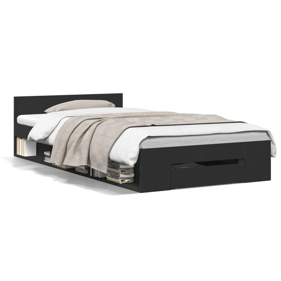 Bedframe met lade bewerkt hout zwart 75x190 cm