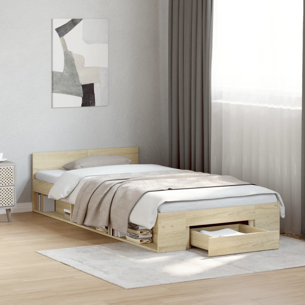 Bedframe met lade bewerkt hout sonoma eikenkleurig 75x190 cm