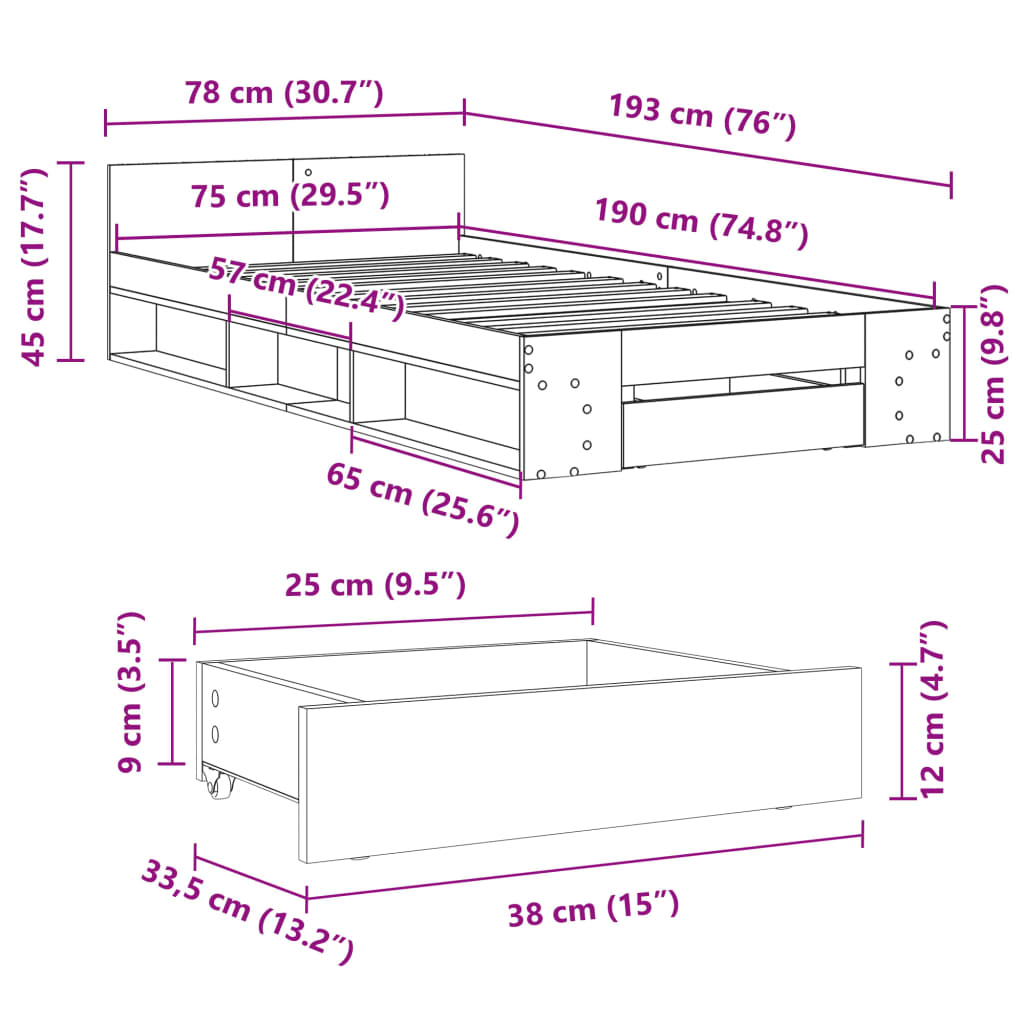 Bedframe met lade bewerkt hout sonoma eikenkleurig 75x190 cm