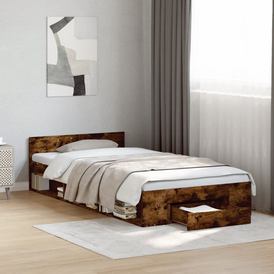Bedframe met lade bewerkt hout gerookt eikenkleurig 75x190 cm