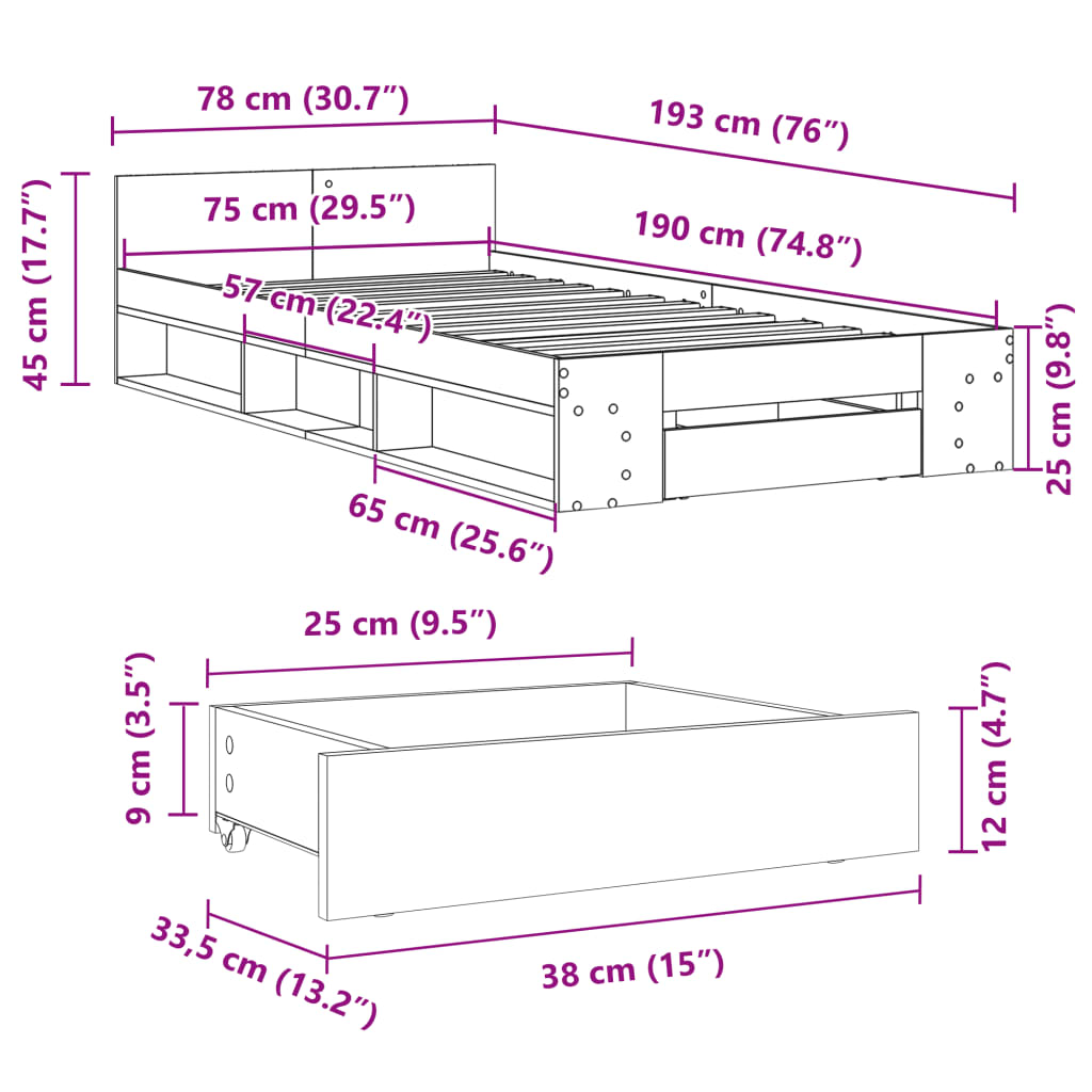 Bedframe met lade bewerkt hout bruin eikenkleurig 75x190 cm