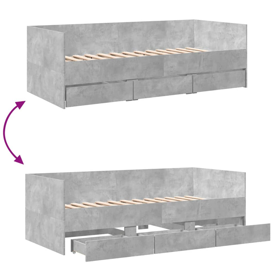 Slaapbank met lades 100x200 cm bewerkt hout betongrijs