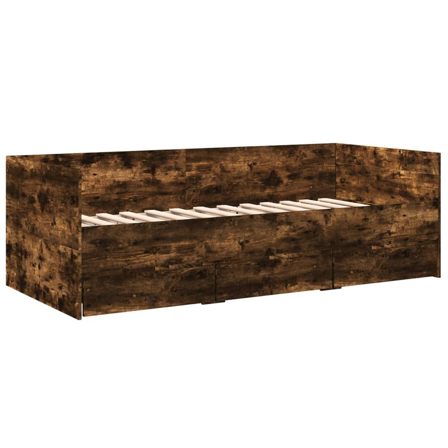 Slaapbank met lades 100x200 cm bewerkt hout gerookt eikenkleur