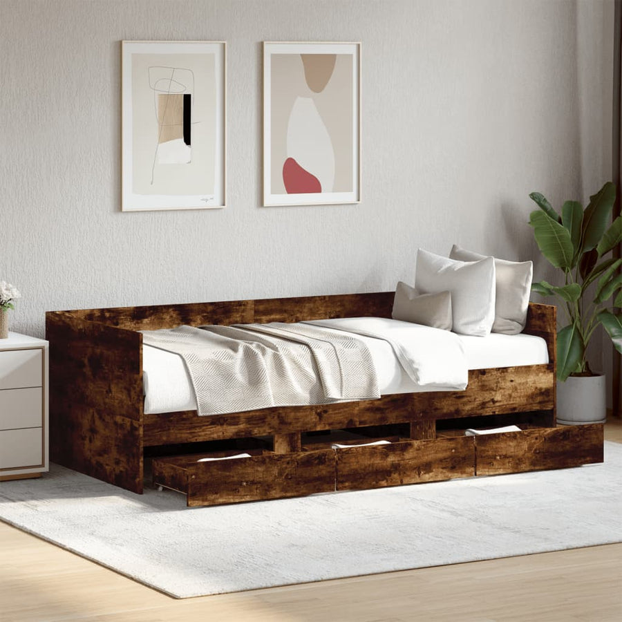 Slaapbank met lades 100x200 cm bewerkt hout gerookt eikenkleur