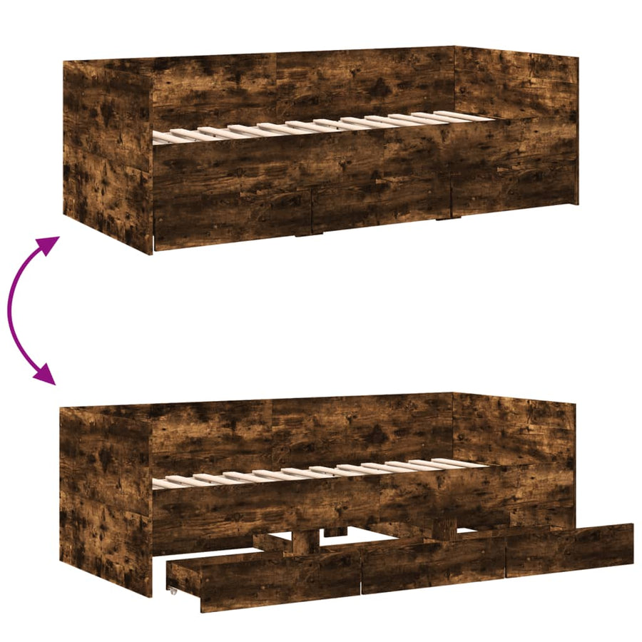 Slaapbank met lades 100x200 cm bewerkt hout gerookt eikenkleur