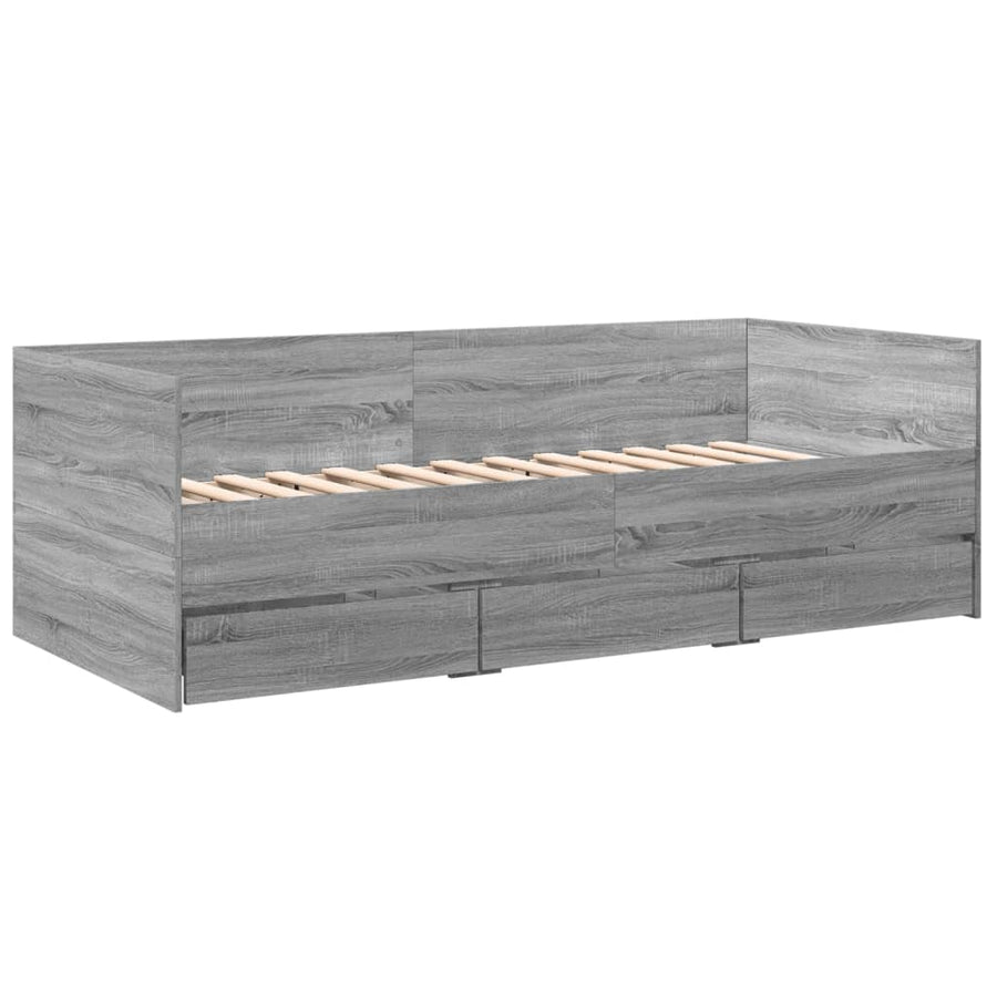Slaapbank met lades 100x200 cm bewerkt hout grijs sonoma eiken