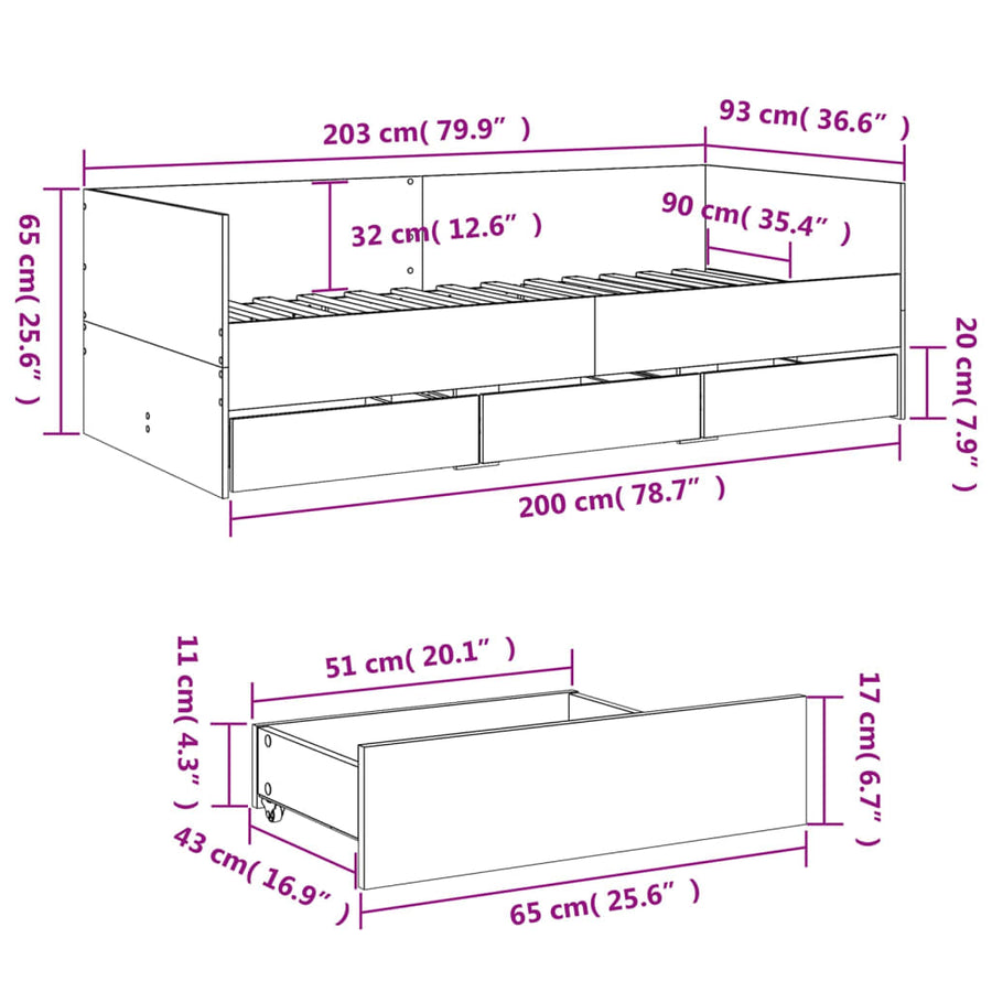 Slaapbank met lades 90x200 cm bewerkt hout sonoma eikenkleurig
