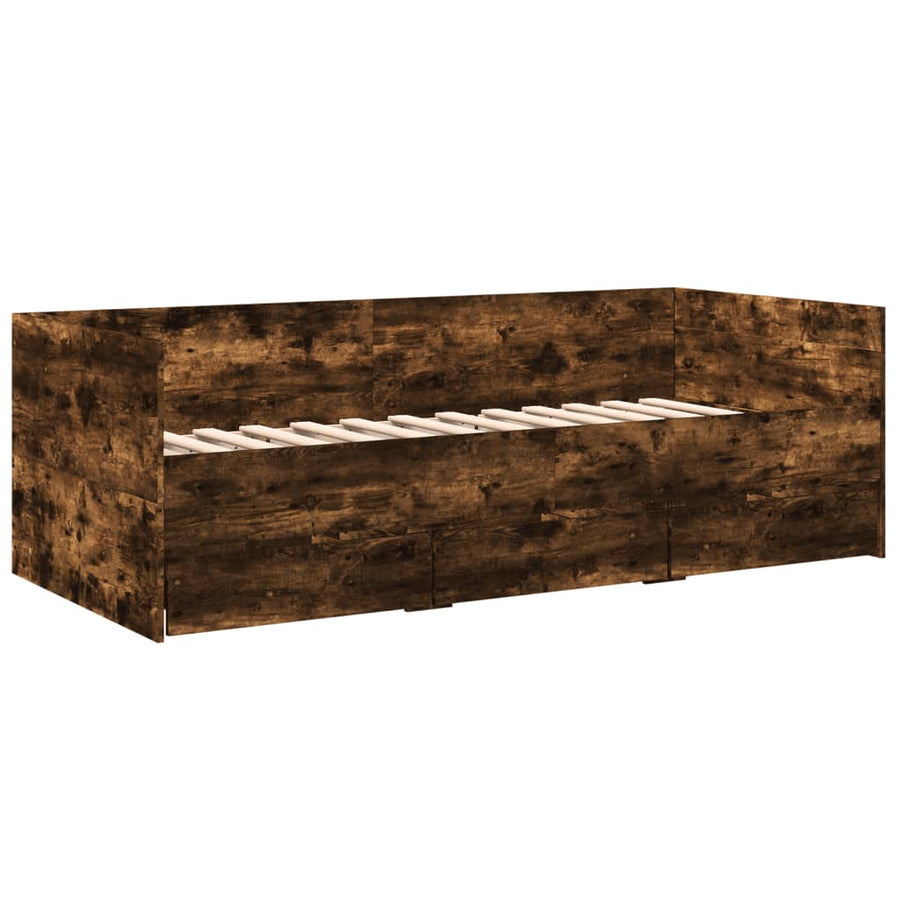 Slaapbank met lades 90x200 cm bewerkt hout gerookt eikenkleurig