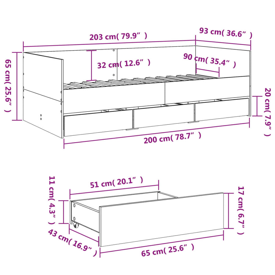 Slaapbank met lades 90x200 cm bewerkt hout gerookt eikenkleurig