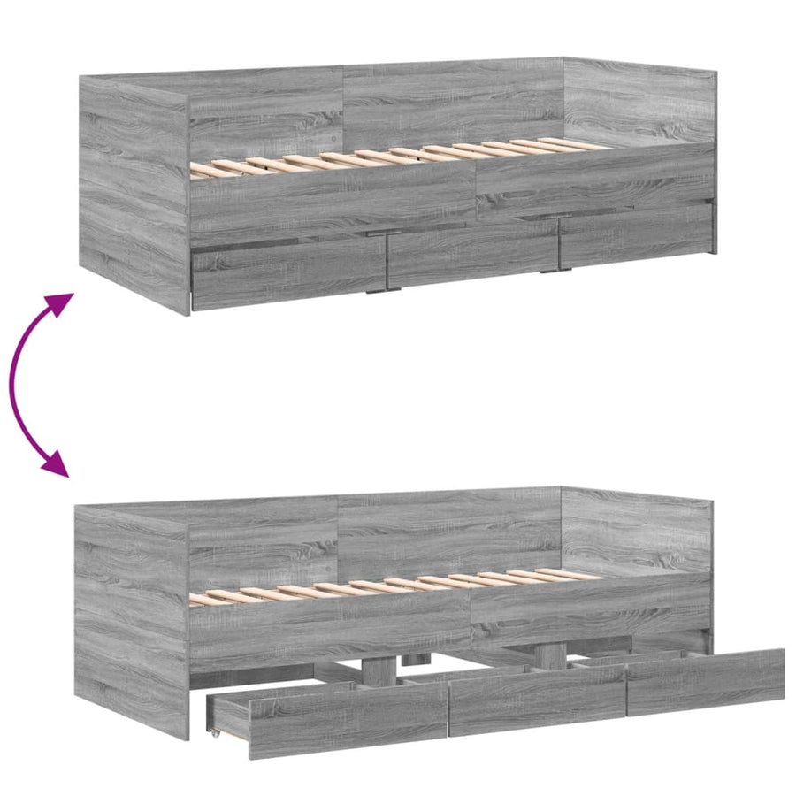 Slaapbank met lades 90x200 cm bewerkt hout grijs sonoma eiken