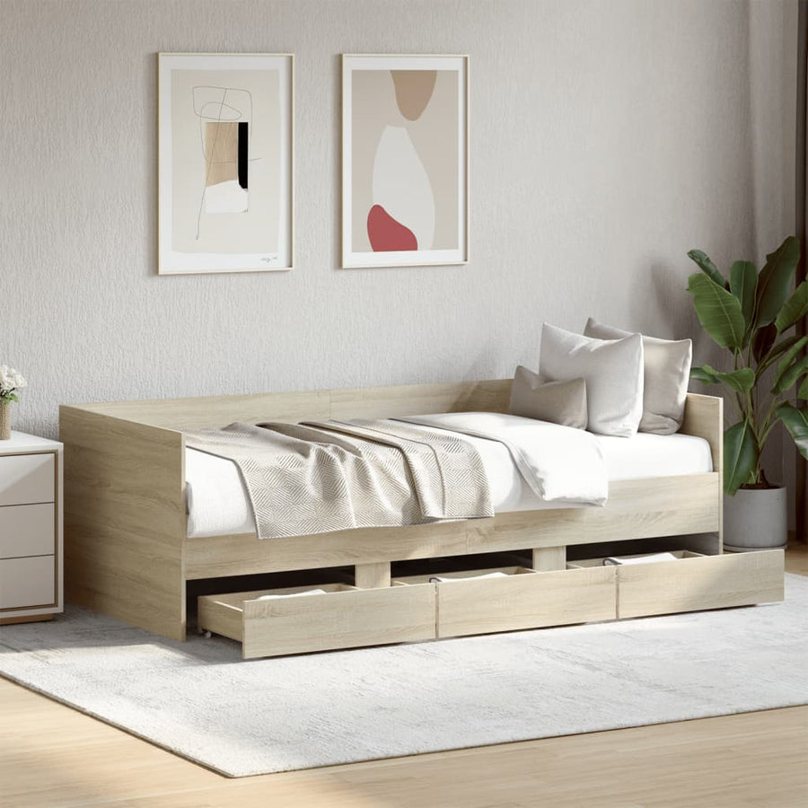 Slaapbank met lades 90x190 cm bewerkt hout sonoma eikenkleurig