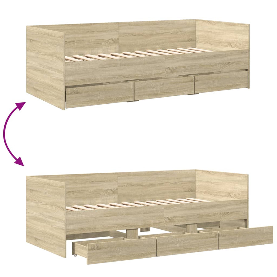 Slaapbank met lades 90x190 cm bewerkt hout sonoma eikenkleurig