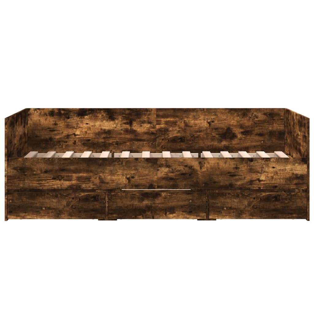 Slaapbank met lades 90x190 cm bewerkt hout gerookt eikenkleurig