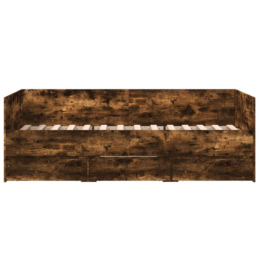 Slaapbank met lades 90x190 cm bewerkt hout gerookt eikenkleurig