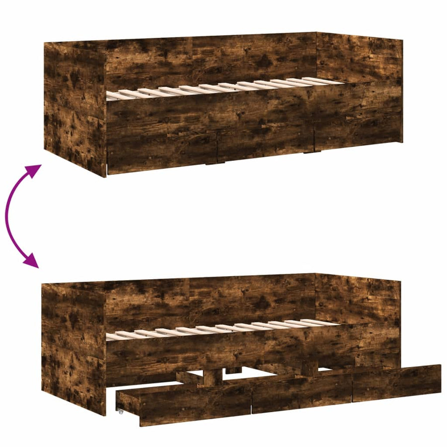 Slaapbank met lades 90x190 cm bewerkt hout gerookt eikenkleurig