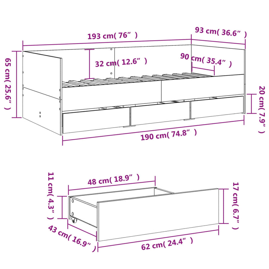 Slaapbank met lades 90x190 cm bewerkt hout gerookt eikenkleurig