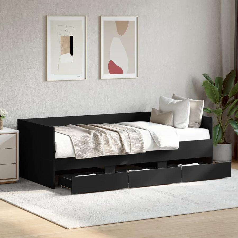 Slaapbank met lades 75x190 cm bewerkt hout zwart