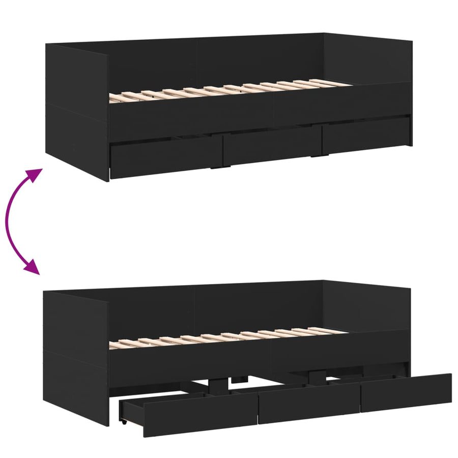 Slaapbank met lades 75x190 cm bewerkt hout zwart
