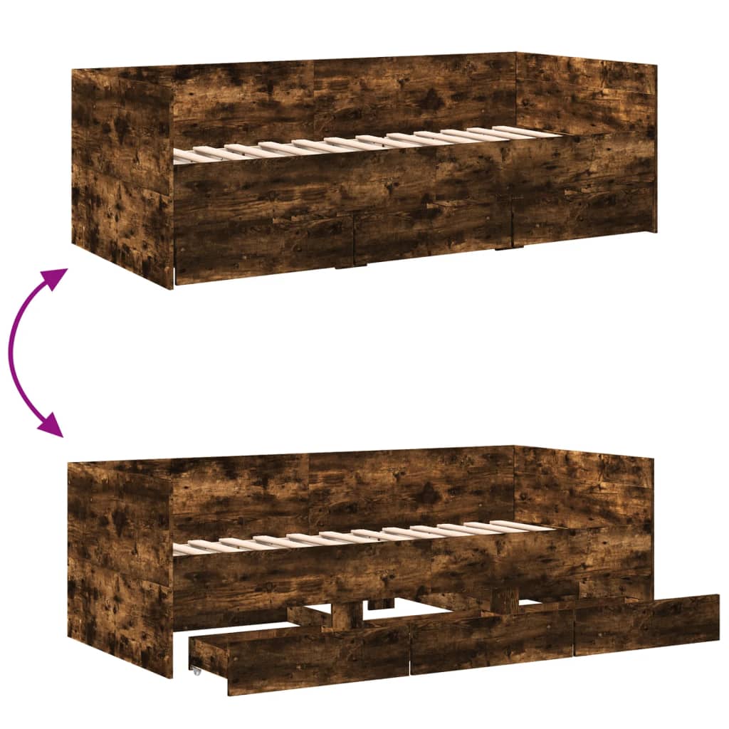 Slaapbank met lades 75x190 cm bewerkt hout gerookt eikenkleurig