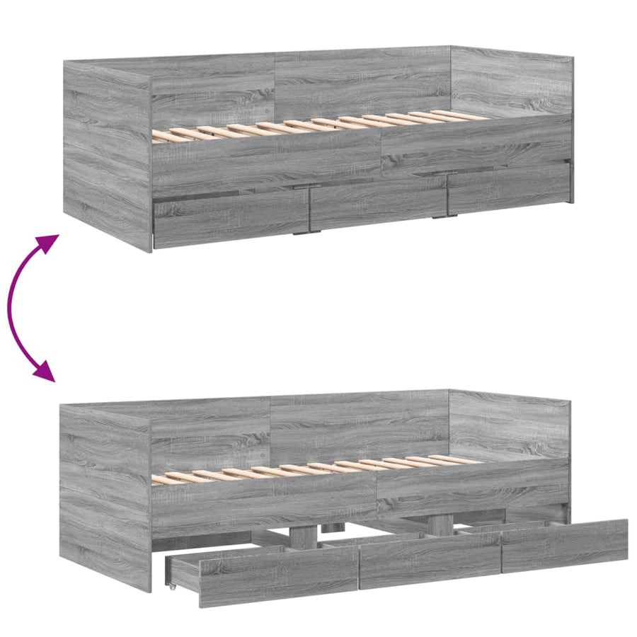 Slaapbank met lades 75x190 cm bewerkt hout grijs sonoma eiken