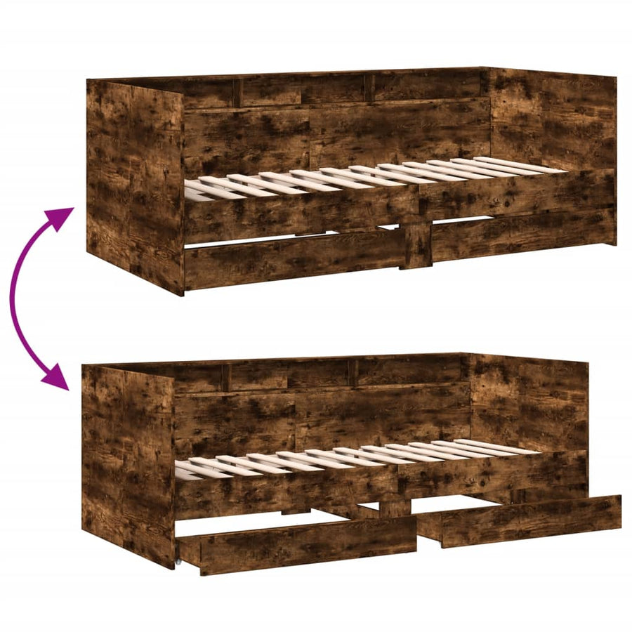 Slaapbank met lades 100x200 cm bewerkt hout gerookt eikenkleur