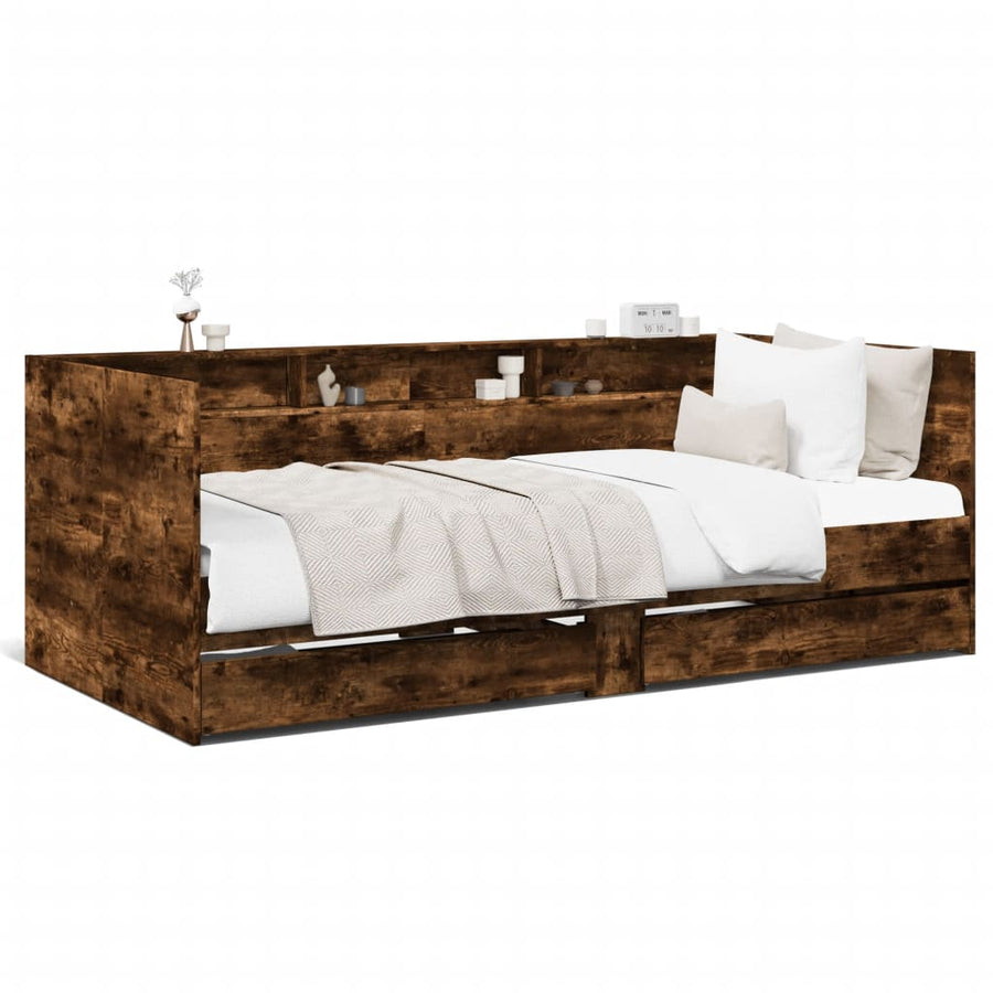 Slaapbank met lades 100x200 cm bewerkt hout gerookt eikenkleur