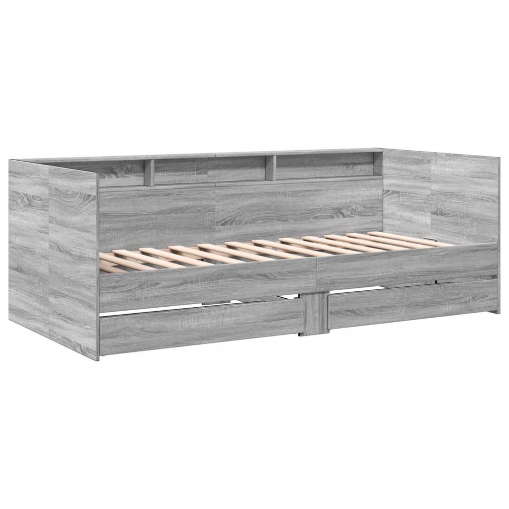 Slaapbank met lades 100x200 cm bewerkt hout grijs sonoma eiken
