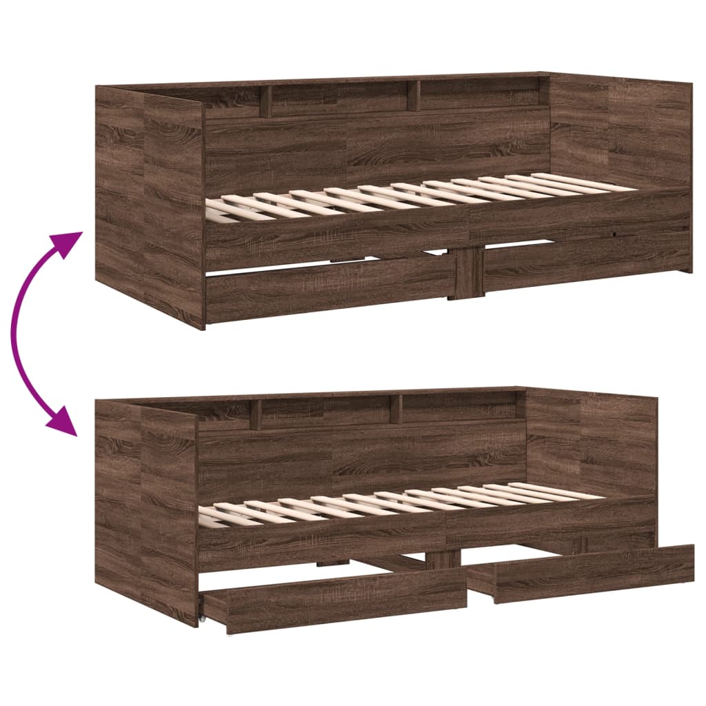 Slaapbank met lades 100x200 cm bewerkt hout bruin eikenkleurig