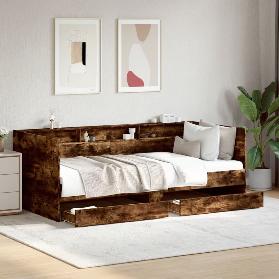 Slaapbank met lades 90x200 cm bewerkt hout gerookt eikenkleurig