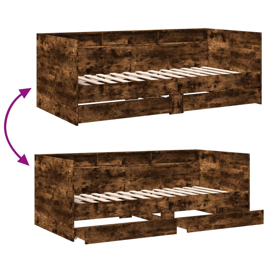 Slaapbank met lades 90x200 cm bewerkt hout gerookt eikenkleurig