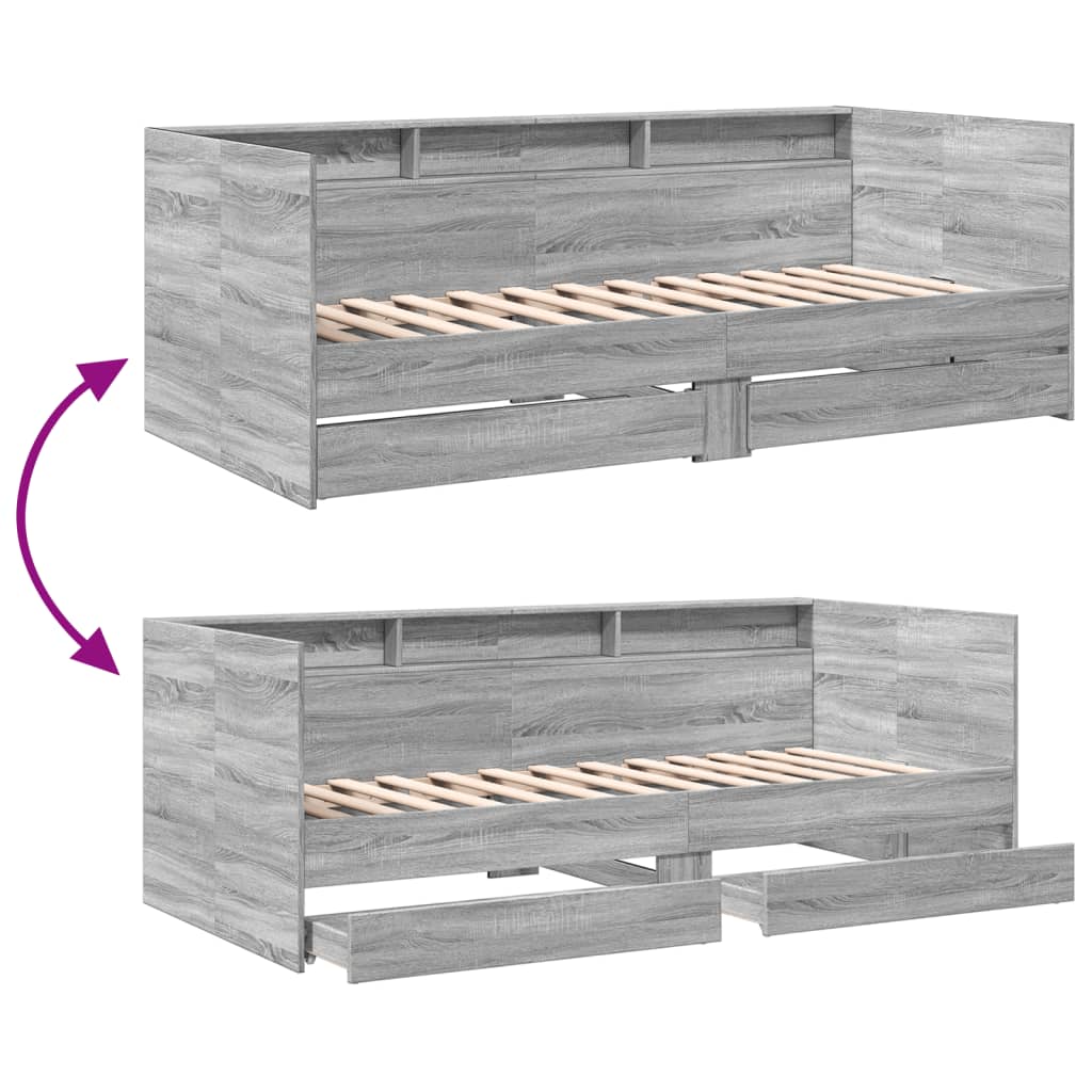 Slaapbank met lades 90x190 cm bewerkt hout grijs sonoma eiken