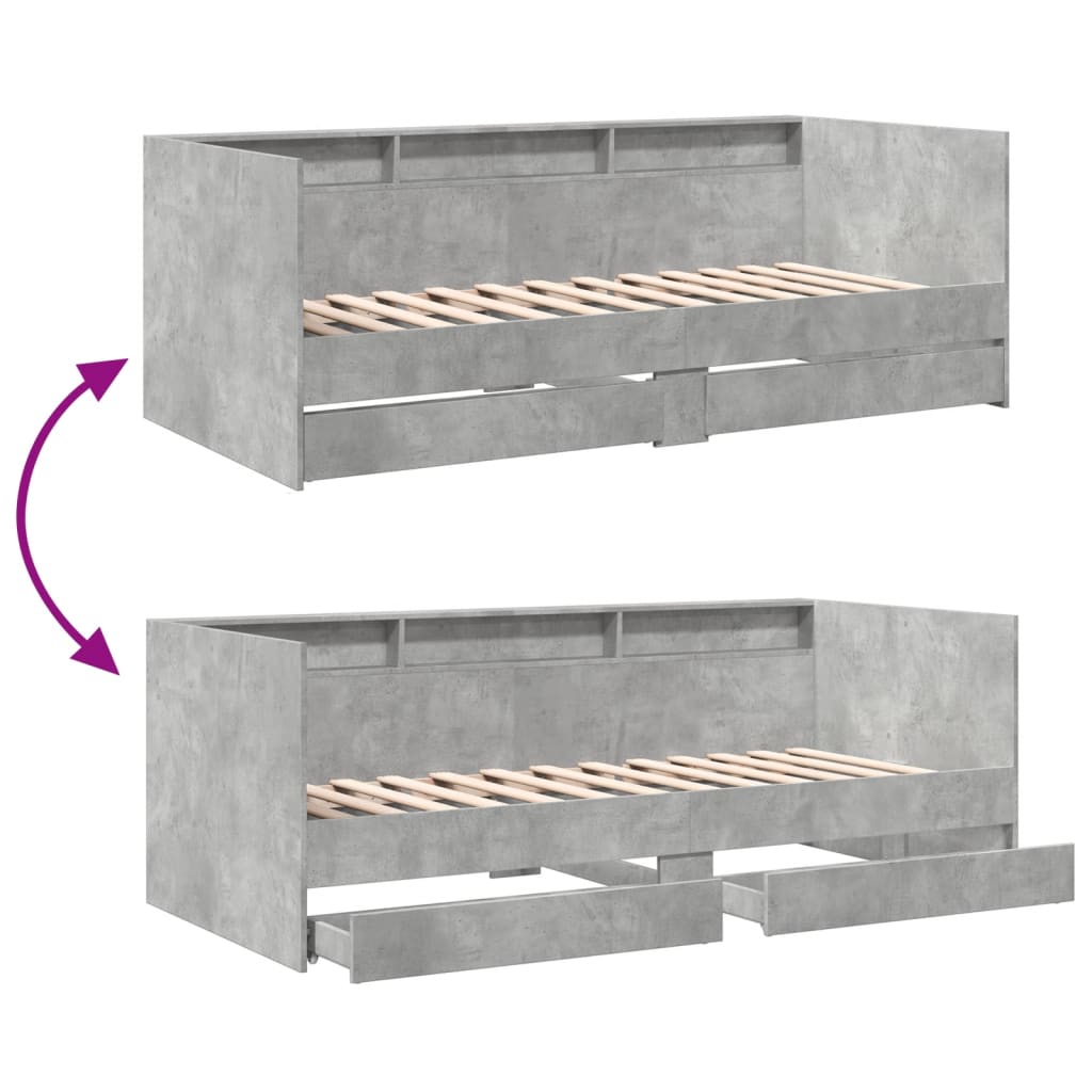 Slaapbank met lades 75x190 cm bewerkt hout betongrijs