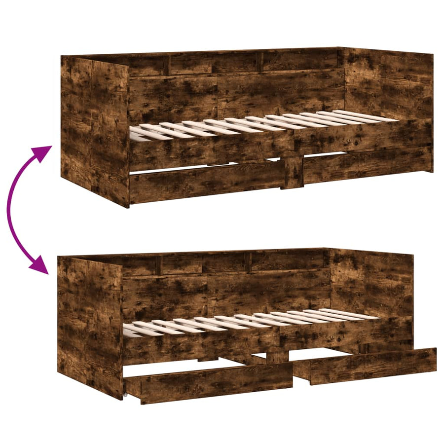 Slaapbank met lades 75x190 cm bewerkt hout gerookt eikenkleurig