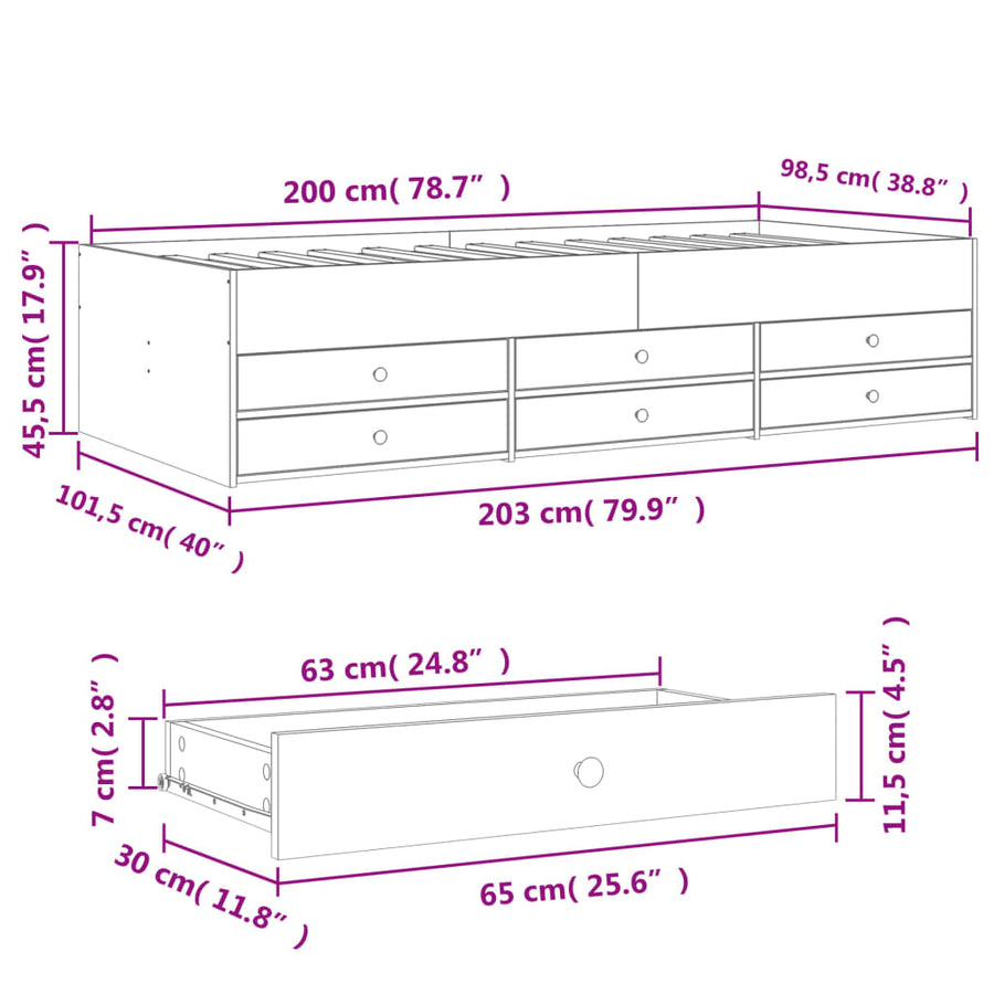 Slaapbank met lades 100x200 cm bewerkt hout zwart