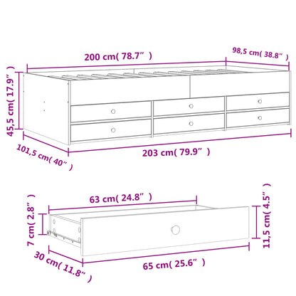 Slaapbank met lades 100x200 cm bewerkt hout betongrijs
