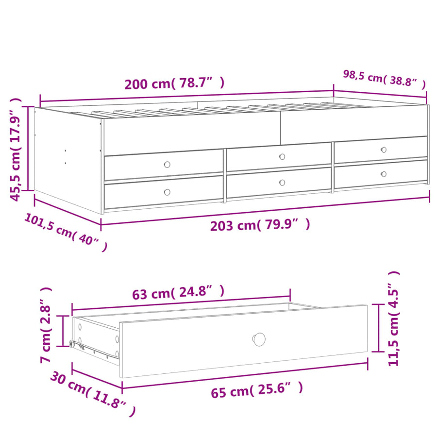 Slaapbank met lades 100x200 cm bewerkt hout gerookt eikenkleur