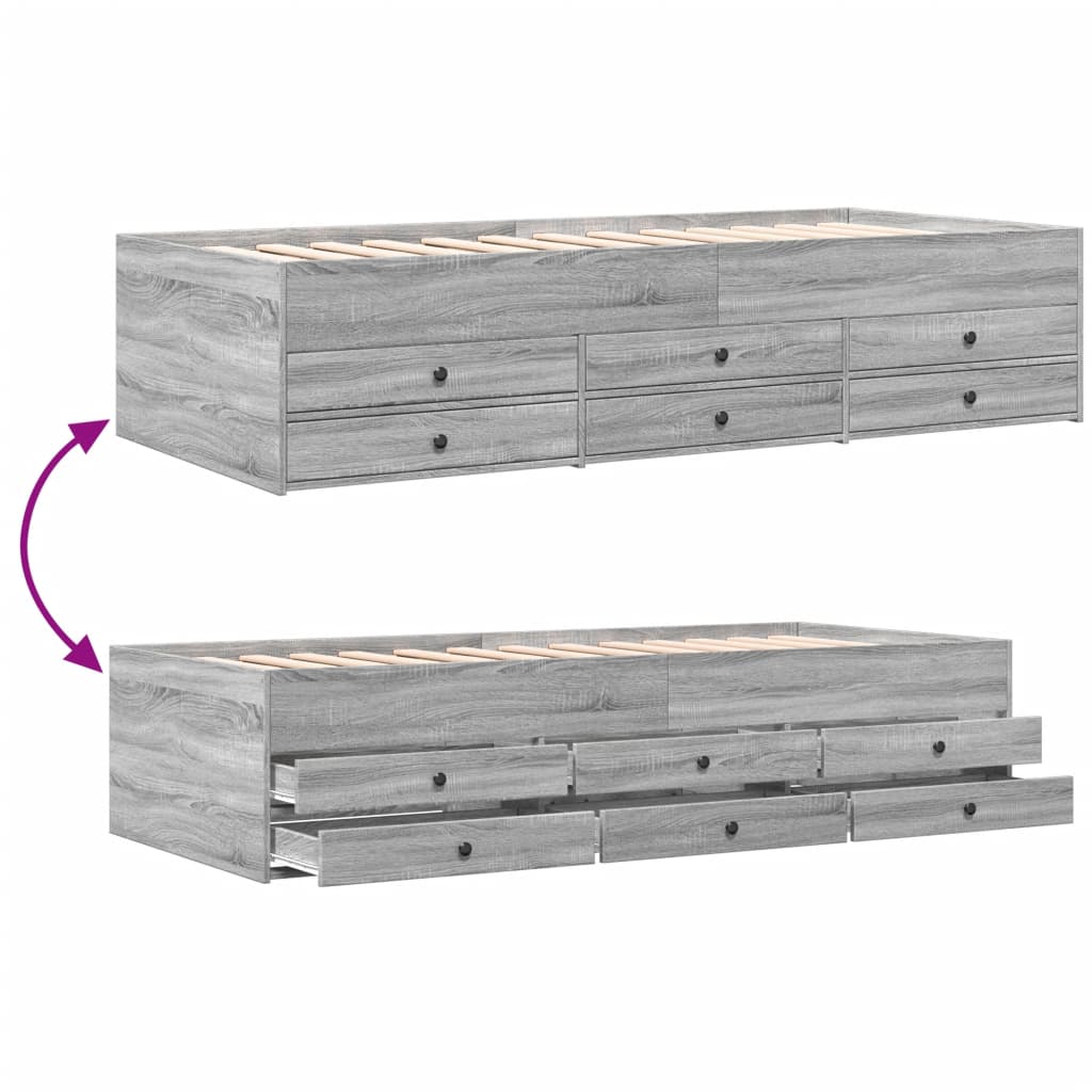 Slaapbank met lades 100x200 cm bewerkt hout grijs sonoma eiken