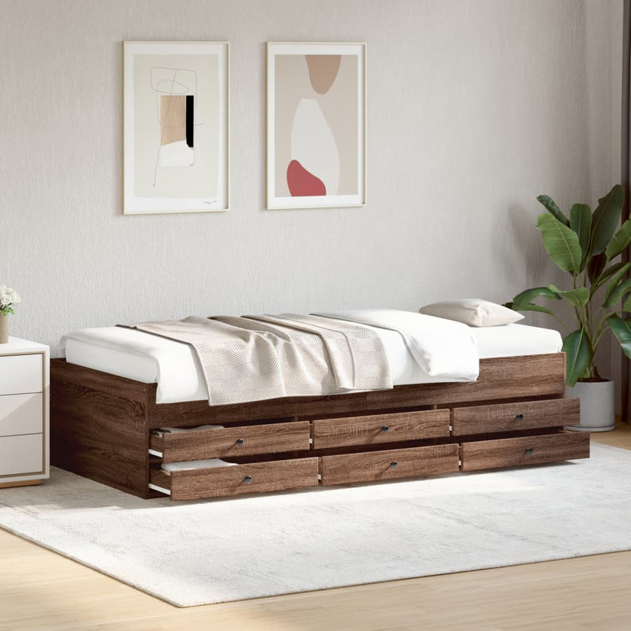 Slaapbank met lades 100x200 cm bewerkt hout bruin eikenkleurig
