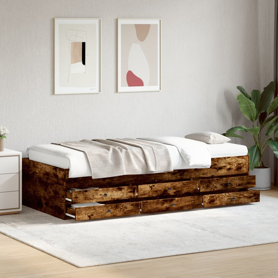 Slaapbank met lades 90x200 cm bewerkt hout gerookt eikenkleurig