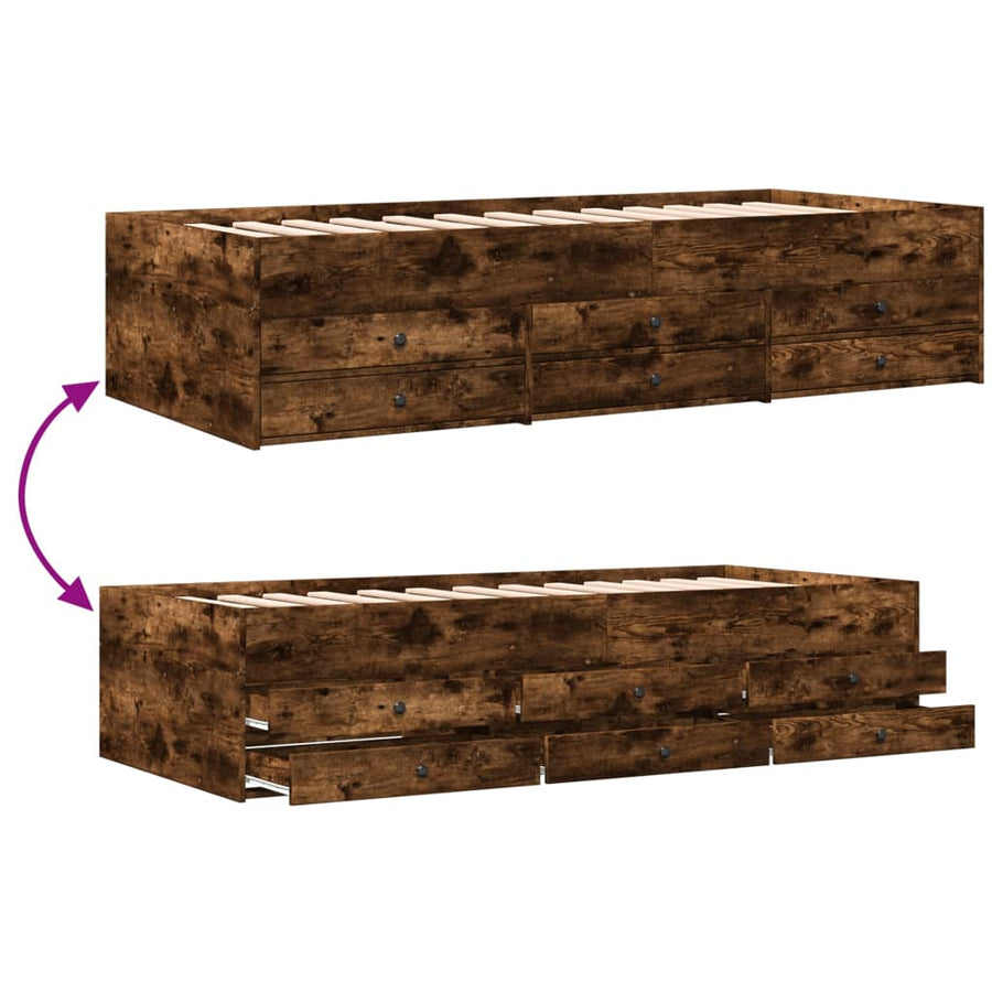 Slaapbank met lades 90x200 cm bewerkt hout gerookt eikenkleurig
